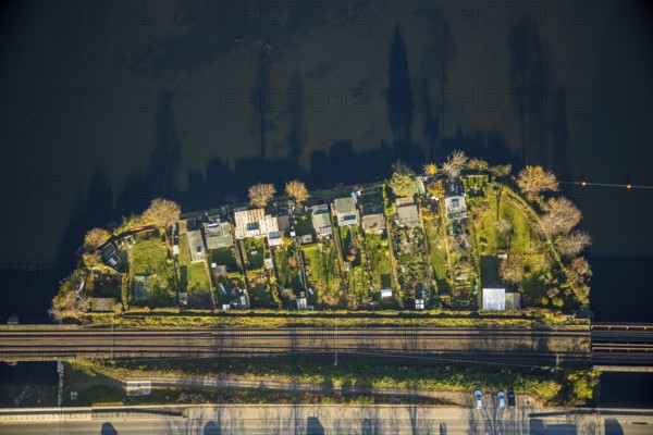Aerial view, Obergraben, Obergrabenbrücke, Friedrichstraße, railway bridge, allotment garden site at Obergraben, peninsula, Harkortsee, Wetter, Wetter, Ruhr area, North Rhine-Westphalia, Germany