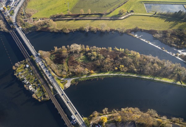 Aerial view, Obergraben, Obergrabenbrücke, Friedrichstraße, railway bridge, allotment garden site at Obergraben, peninsula, Harkortsee, Wetter, Wetter, Ruhr area, North Rhine-Westphalia, Germany