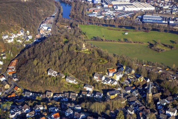 Aerial view, castle ruins of Volmarstein Castle, Volmarstein Castle Hotel, Ruhr river, Volmarstein, Wetter, Ruhr area, North Rhine-Westphalia, Germany