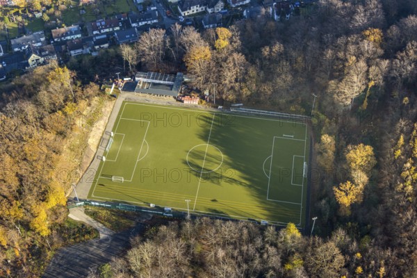 Aerial view, sports ground Am Brasberg, SC Wengern, construction of a new clubhouse, football pitch, Wengern, Wetter, Ruhr area, North Rhine-Westphalia, Germany