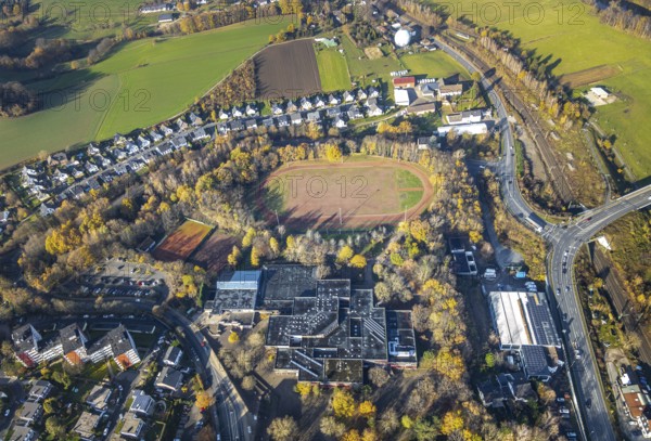 Aerial view, Geschwister-Scholl-Gymnasium, indoor swimming pool Oberwengern, HSG Wetter, TuS Wengern, tennis court, football pitch, Volmarstein, Wetter, Ruhr area, North Rhine-Westphalia, Germany