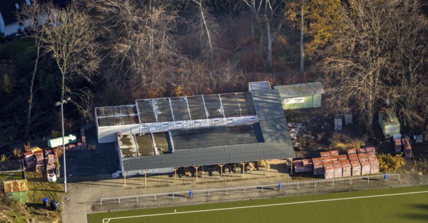 Aerial view, sports ground Am Brasberg, SC Wengern, construction of a new clubhouse, football pitch, Wengern, Wetter, Ruhr area, North Rhine-Westphalia, Germany