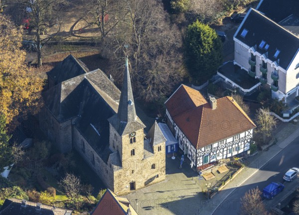 Aerial view, Protestant village church Wengern, traditional restaurant Leimkasten, Wengern, Wetter, Ruhr area, North Rhine-Westphalia, Germany