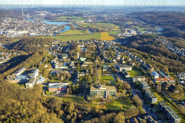 Aerial view, overview Volmarstein, forest area, Volmarstein clinics, view of Wetter with Lake Harkort, Volmarstein, Wetter, Ruhr area, North Rhine-Westphalia, Germany