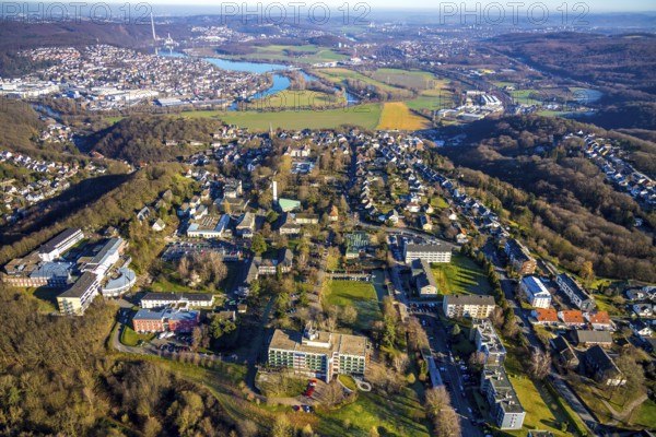 Aerial view, overview Volmarstein, forest area, Volmarstein clinics, view of Wetter with Lake Harkort, Volmarstein, Wetter, Ruhr area, North Rhine-Westphalia, Germany