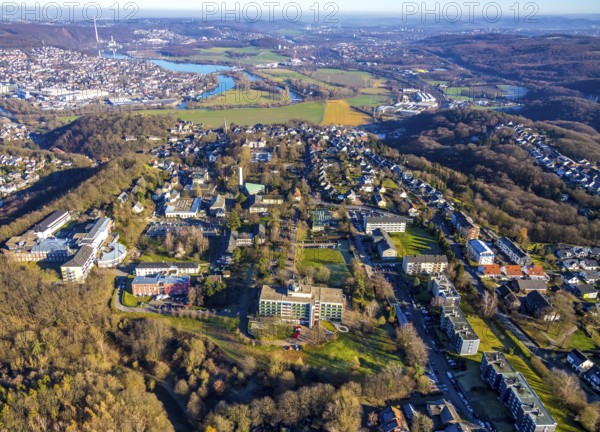 Aerial view, overview Volmarstein, forest area, Volmarstein clinics, view of Wetter with Lake Harkort, Volmarstein, Wetter, Ruhr area, North Rhine-Westphalia, Germany