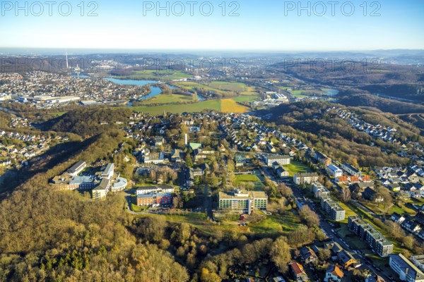 Aerial view, overview Volmarstein, clinics Volmarstein, view of Wetter with Harkortsee, forest area, Volmarstein, Wetter, Ruhr area, North Rhine-Westphalia, Germany