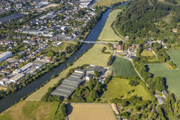 Aerial view, Ruhr river, Ruhr bridge Mendener Straße, Wickede (Ruhr), North Rhine-Westphalia, Germany