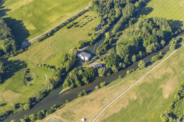 Aerial photograph, Warmen Obergraben run-of-river power station, Ruhr river, Wickede (Ruhr), North Rhine-Westphalia, Germany