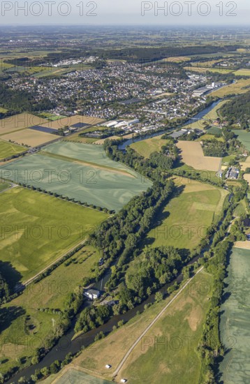Aerial photograph, Warmen Obergraben run-of-river power station, Ruhr river, Wickede (Ruhr), North Rhine-Westphalia, Germany
