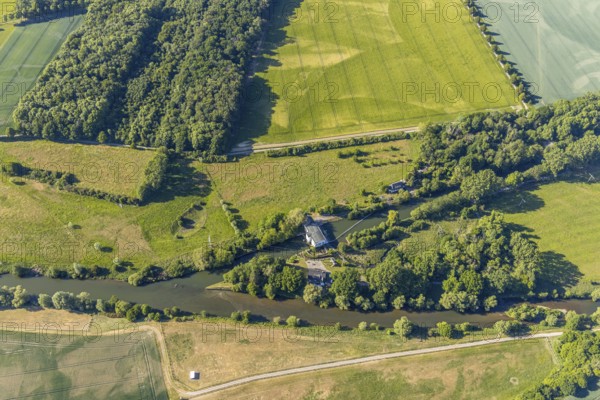 Aerial photograph, Warmen Obergraben run-of-river power station, Ruhr river, Wickede (Ruhr), North Rhine-Westphalia, Germany