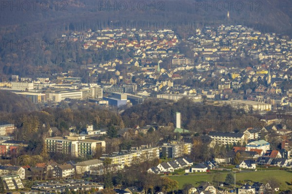 Aerial view, overview Volmarstein, view of Wetter, Protestant Church Martinskirche, Orthopaedic Clinic of the Volmarstein Foundation Department of Orthopaedics, Volmarstein, Wetter, Ruhr area, North Rhine-Westphalia, Germany