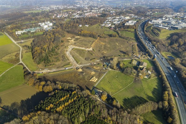 Aerial view, development of new industrial estate between Schwelmer Straß0e motorway A1, Grundschöttel, Wetter, Ruhr area, North Rhine-Westphalia, Germany