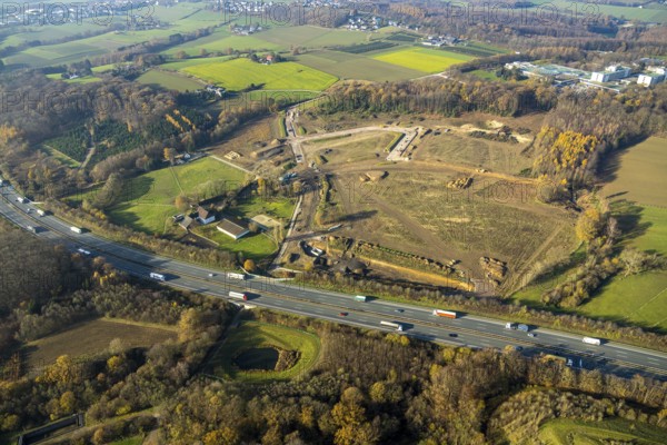Aerial view, development of new industrial estate between Schwelmer Straß0e motorway A1, Grundschöttel, Wetter, Ruhr area, North Rhine-Westphalia, Germany
