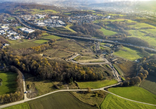 Aerial view, development of new industrial estate between Schwelmer Straß0e motorway A1, Grundschöttel, Wetter, Ruhr area, North Rhine-Westphalia, Germany