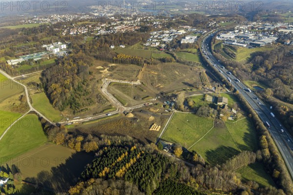 Aerial view, development of new industrial estate between Schwelmer Straß0e motorway A1, Grundschöttel, Wetter, Ruhr area, North Rhine-Westphalia, Germany
