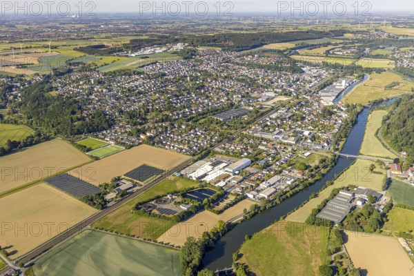 Aerial view, view of town, river Ruhr, Wickeder Profile rolling mill, Ruhrverband sewage treatment plant Wickede, Wickede (Ruhr), North Rhine-Westphalia, Germany