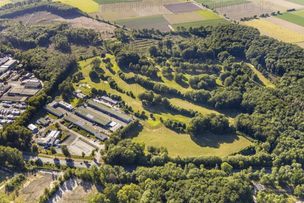Aerial photo, TÜV NORD test centre Wickede Werl, Relax power plant, golf course Golfclub-Werl, Werl, North Rhine-Westphalia, Germany