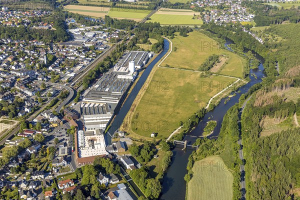 Aerial view, Ruhr River, Obergraben, Wickeder Westfalenstahl, run-of-river power station, Wickede (Ruhr), North Rhine-Westphalia, Germany