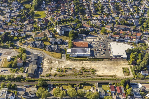 Aerial view, shopping centre, St. Josef-Haus Wickede, Ruhrtalresidenz Seniorenzentrum, construction area, Wickede (Ruhr), North Rhine-Westphalia, Germany