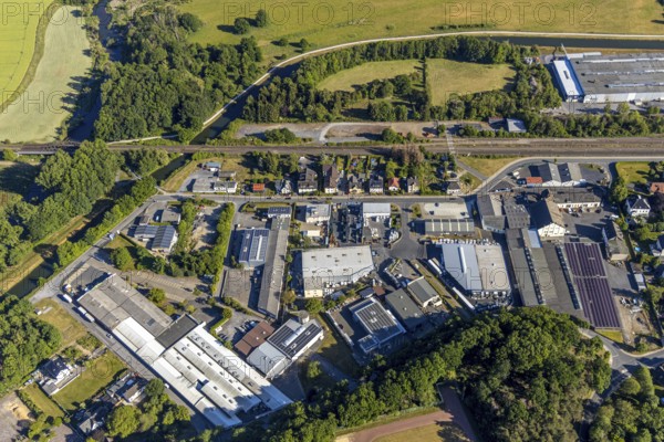 Aerial view, industrial estate Zum Ostenfeld, Ruhr river, Wickede (Ruhr), North Rhine-Westphalia, Germany