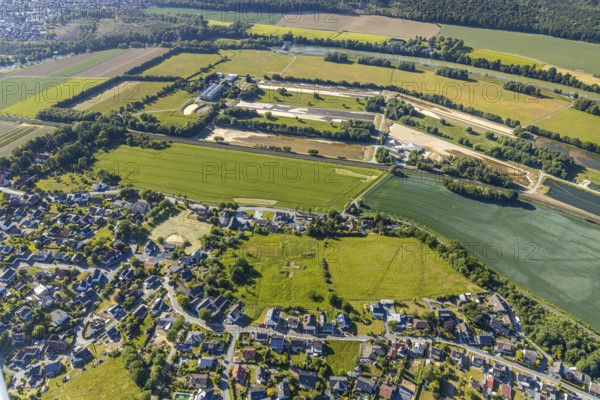 Aerial view, district Echthausen, Wasserwerke Westfalen GmbH, Im Ruhrfeld, river Ruhr, cross in a meadow, Wickede (Ruhr), North Rhine-Westphalia, Germany