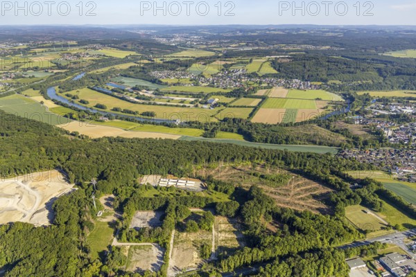 Aerial view, district Echthausen, Wasserwerke Westfalen GmbH, Im Ruhrfeld, river Ruhr, cross in a meadow, Wickede (Ruhr), North Rhine-Westphalia, Germany