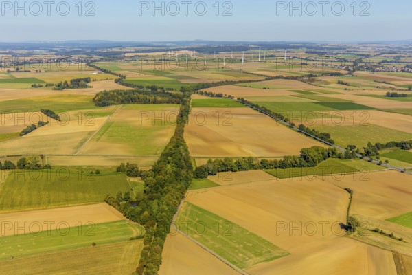 Aerial view, meadows and fields, wind turbines, Hohenwepel, Warburg, OWL, Ostwestfalen-Lippe, East Westphalia, North Rhine-Westphalia, Germany