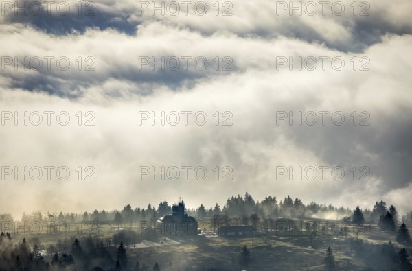 Aerial view, clouds over the Kahler Asten, Astenturm and hotel-restaurant, second highest mountain in North Rhine-Westphalia, Kahler Asten, 842 m high mountain with heathland as well as observation tower and restaurant on the summit, Winterberg, Sauerland, North Rhine-Westphalia, Germany