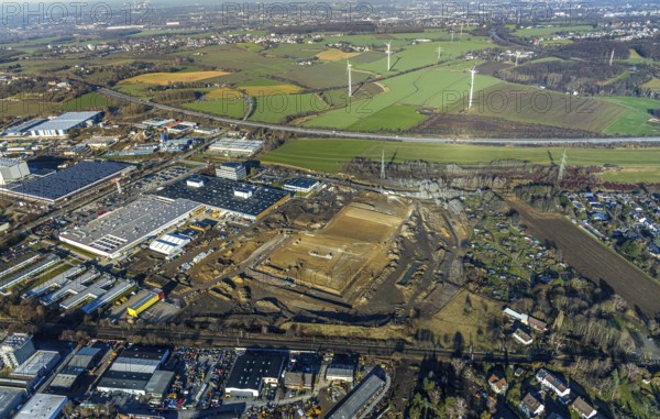 Aerial view, construction site of new Amazon logistics centre, Euziel logistics company, industrial estate on Brauckstrasse, Rüdinghausen, Witten, Ennepe-Ruhr district, Ruhr area, North Rhine-Westphalia, Germany