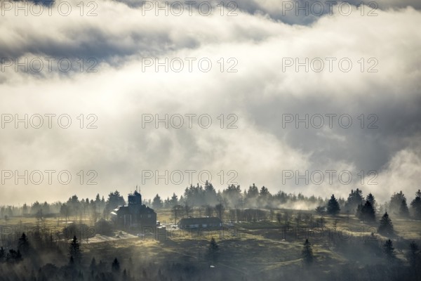 Aerial view, clouds over the Kahler Asten, Astenturm and hotel-restaurant, second highest mountain in North Rhine-Westphalia, Kahler Asten, 842 m high mountain with heathland as well as observation tower and restaurant on the summit, Winterberg, Sauerland, North Rhine-Westphalia, Germany