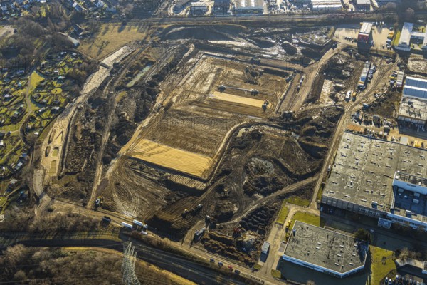 Aerial view, construction site of new Amazon logistics centre, Euziel logistics company, industrial estate on Brauckstrasse, Rüdinghausen, Witten, Ennepe-Ruhr district, Ruhr area, North Rhine-Westphalia, Germany