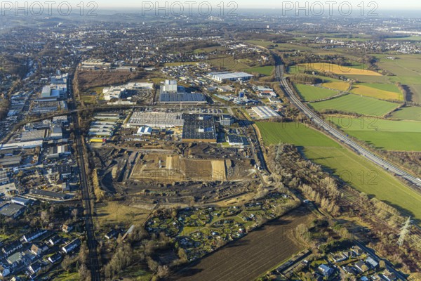 Aerial view, construction site of new Amazon logistics centre, Euziel logistics company, industrial estate on Brauckstrasse, Rüdinghausen, Witten, Ennepe-Ruhr district, Ruhr area, North Rhine-Westphalia, Germany