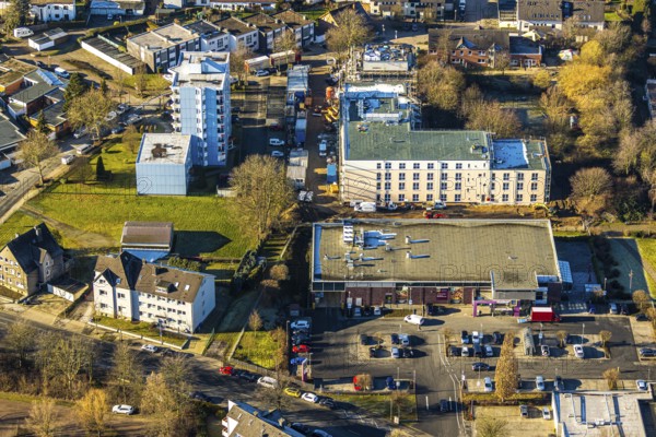Aerial view, construction site of new Helfkamp retirement home, Edeka branch Witten, Stockum, Witten, Ennepe-Ruhr district, Ruhr area, North Rhine-Westphalia, Germany