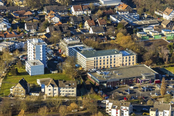 Aerial view, construction site of new Helfkamp retirement home, Edeka branch Witten, Stockum, Witten, Ennepe-Ruhr district, Ruhr area, North Rhine-Westphalia, Germany
