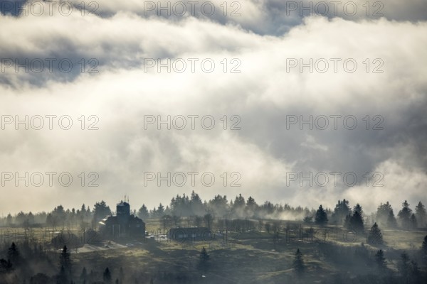 Aerial view, clouds over the Kahler Asten, Astenturm and hotel-restaurant, second highest mountain in North Rhine-Westphalia, Kahler Asten, 842 m high mountain with heathland as well as observation tower and restaurant on the summit, Winterberg, Sauerland, North Rhine-Westphalia, Germany