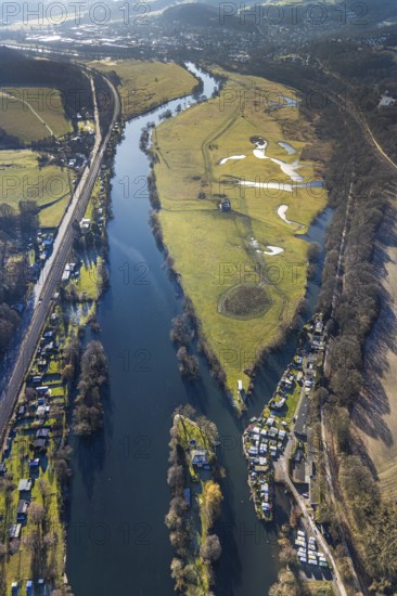 Aerial view, Steger campsite, Ruhr river, Ruhr island, Ruhrauen nature reserve, Bommern, Witten, Ennepe-Ruhr district, Ruhr area, North Rhine-Westphalia, Germany