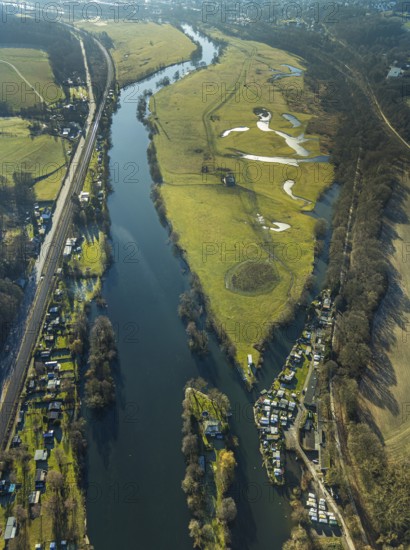 Aerial view, Steger campsite, Ruhr river, Ruhr island, Ruhrauen nature reserve, Bommern, Witten, Ennepe-Ruhr district, Ruhr area, North Rhine-Westphalia, Germany