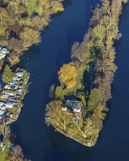 Aerial view, Steger campsite, Ruhr river, Ruhr island, Bommern, Witten, Ennepe-Ruhr district, Ruhr area, North Rhine-Westphalia, Germany