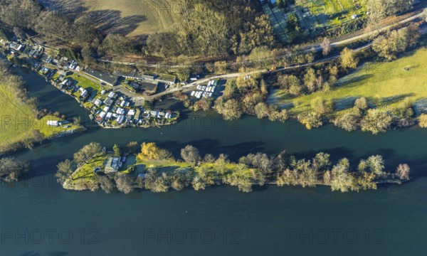 Aerial view, Steger campsite, Ruhr river, Ruhr island, Bommern, Witten, Ennepe-Ruhr district, Ruhr area, North Rhine-Westphalia, Germany