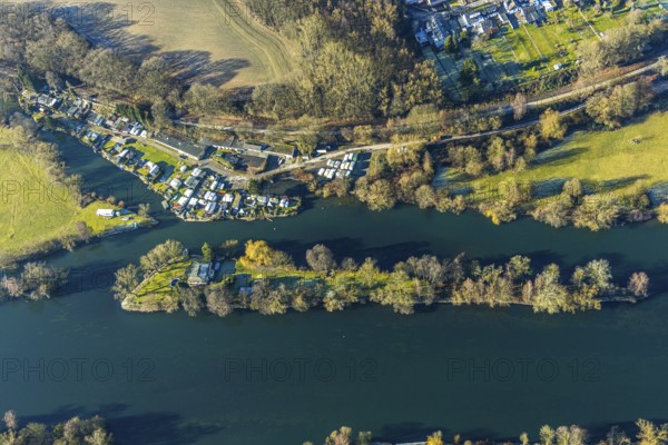 Aerial view, Steger campsite, Ruhr river, Ruhr island, Bommern, Witten, Ennepe-Ruhr district, Ruhr area, North Rhine-Westphalia, Germany