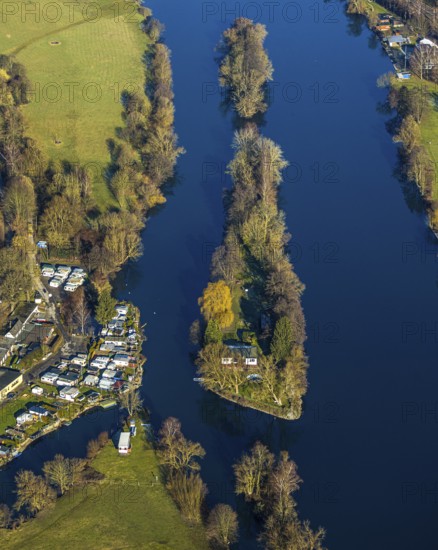 Aerial view, Steger campsite, Ruhr river, Ruhr island, Bommern, Witten, Ennepe-Ruhr district, Ruhr area, North Rhine-Westphalia, Germany