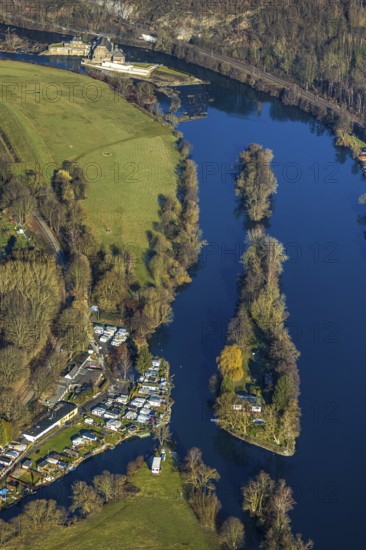 Aerial view, Steger campsite, Ruhr river, Ruhr island, Hohenstein hydroelectric power station, Bommern, Witten, Ennepe-Ruhr district, Ruhr area, North Rhine-Westphalia, Germany