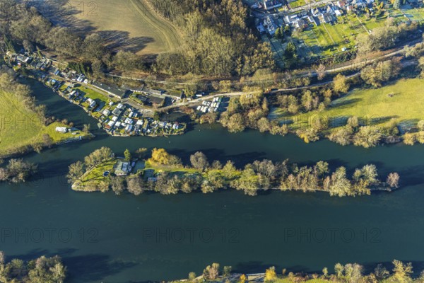 Aerial view, Steger campsite, Ruhr river, Ruhr island, Bommern, Witten, Ennepe-Ruhr district, Ruhr area, North Rhine-Westphalia, Germany