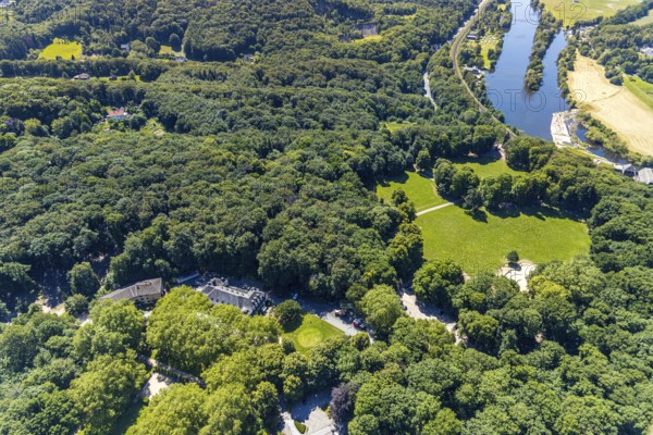 Aerial view, excursion destination Hohenstein, Hotel Haus Hohenstein, funfair and snack pleasure, mountain monument, river Ruhr, Steger campsite, Witten, Ennepe-Ruhr district, Ruhr area, North Rhine-Westphalia, Germany