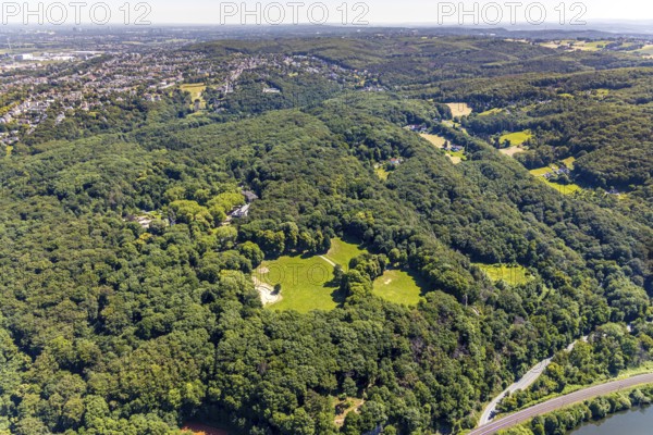 Aerial view, excursion destination Hohenstein, Hotel Haus Hohenstein, mountain monument, river Ruhr, Witten, Ennepe-Ruhr district, Ruhr area, North Rhine-Westphalia, Germany