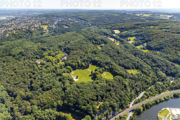 Aerial view, excursion destination Hohenstein, Hotel Haus Hohenstein, mountain monument, river Ruhr, Witten, Ennepe-Ruhr district, Ruhr area, North Rhine-Westphalia, Germany