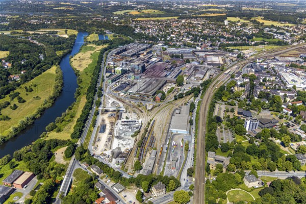 Aerial view, Deutsche Edelstahlwerke Witten, DEW, Ruhr river, Witten main railway station, view to Heven, Witten, Ennepe-Ruhr district, Ruhr area, North Rhine-Westphalia, Germany