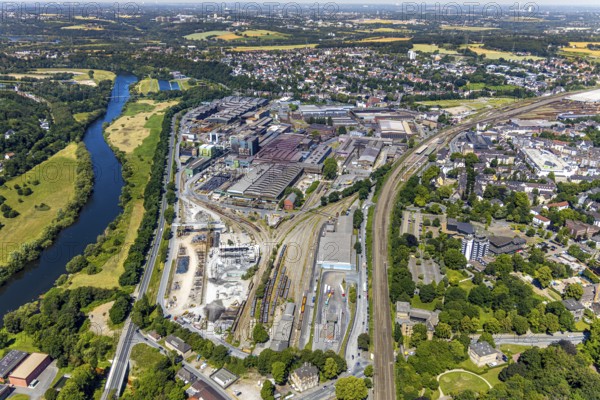 Aerial view, Deutsche Edelstahlwerke Witten, DEW, Ruhr river, Witten main railway station, view to Heven, Witten, Ennepe-Ruhr district, Ruhr area, North Rhine-Westphalia, Germany