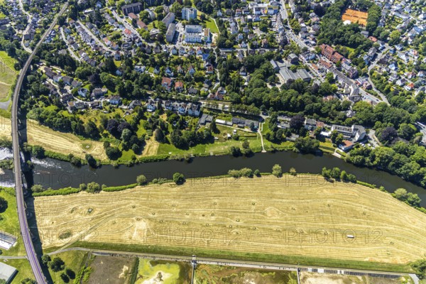 Aerial view, Ruhr river, possible natural outdoor pool on the riverside road, Ruhr viaduct Witten, Witten, Ennepe-Ruhr district, Ruhr area, North Rhine-Westphalia, Germany